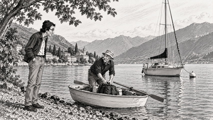 Woody e un anziano su una barca a vela